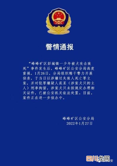 男孩被狗咬死 警方:狗主人被刑拘 涉案犬未办理相关证件