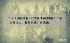 CBA最新排名！辽宁输球依旧领跑！广东三强给力，新军结束10连败！