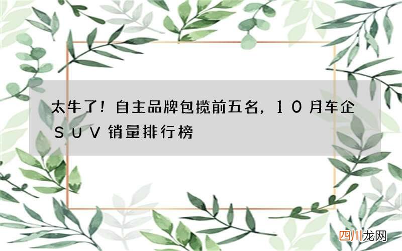 太牛了！自主品牌包揽前五名，10月车企SUV销量排行榜